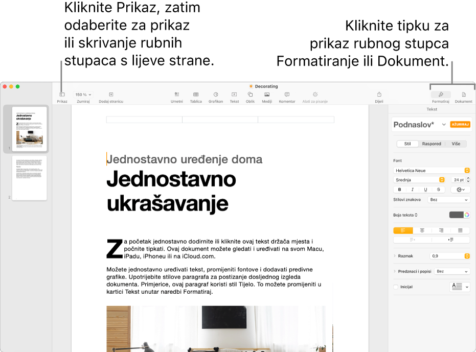 Prozor aplikacije Pages s balončićem na tipki izbornika Prikaz i tipkama Format i Dokument na alatnoj traci. Rubni stupci su otvoreni na lijevoj i desnoj strani.