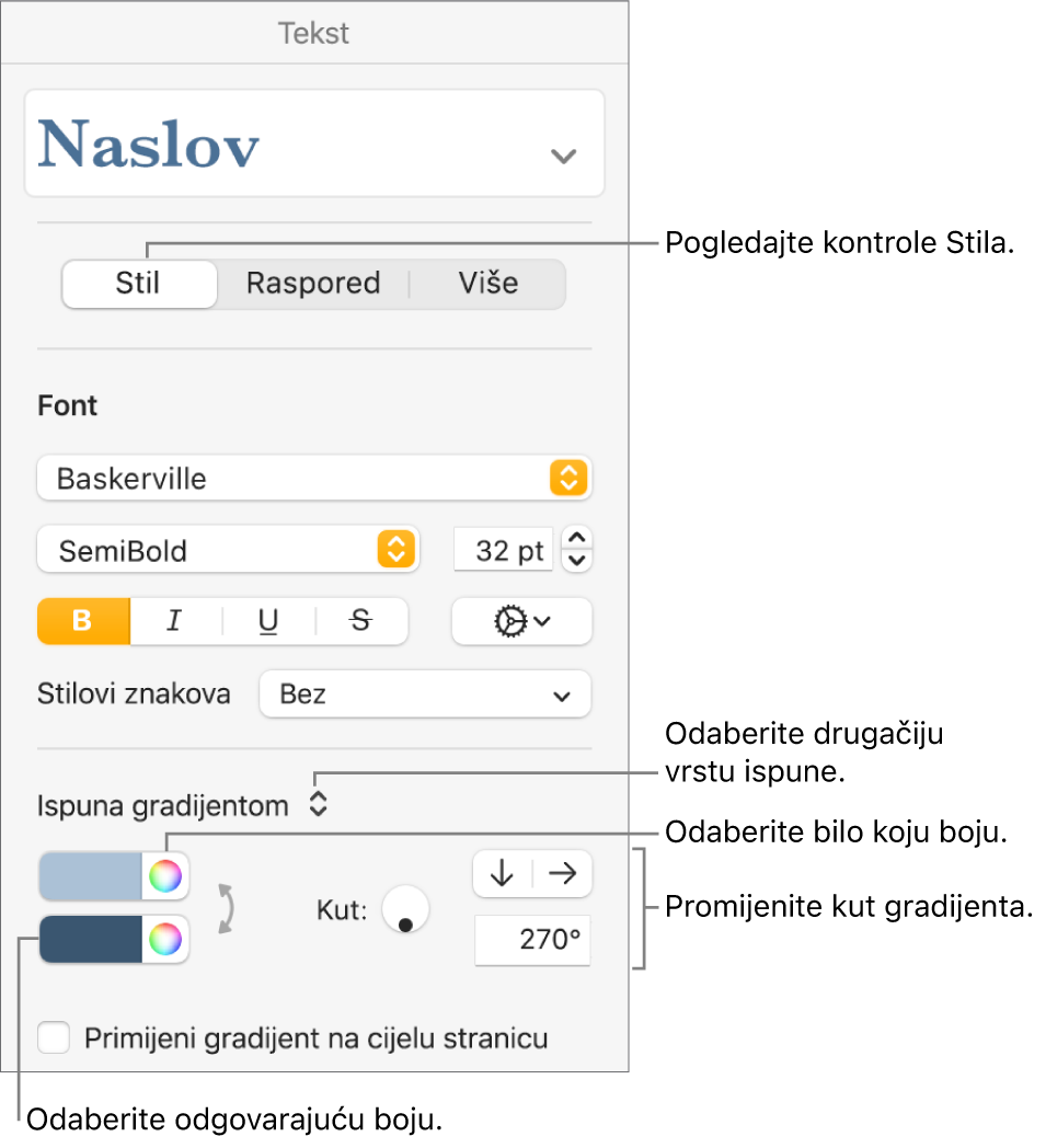 Kontrole za odabir unaprijed dizajniranih boja ili bilo koje boje.