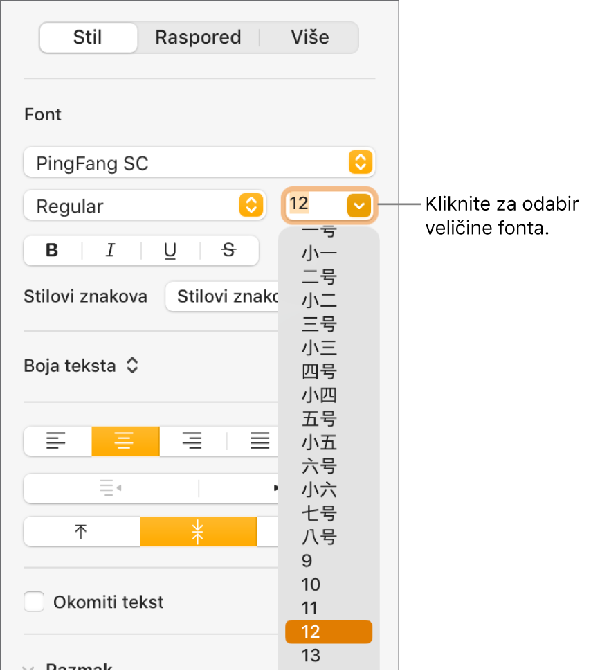 Odjeljak Stil rubnog stupca Formatiraj s otvorenim skočnim izbornikom za veličinu fonta. Standardne veličine fonta kopnene Kine pojavljuju se na vrhu skočnog izbornika s veličinama točaka ispod.