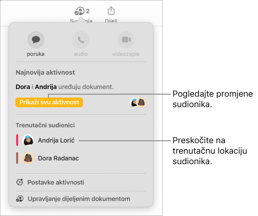 Izbornik suradnje s dva trenutačna sudionika na popisu.