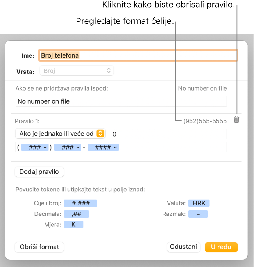 Prozor prilagođenog formata ćelije s kontrolama za odabir prilagođenog formatiranja brojeva.