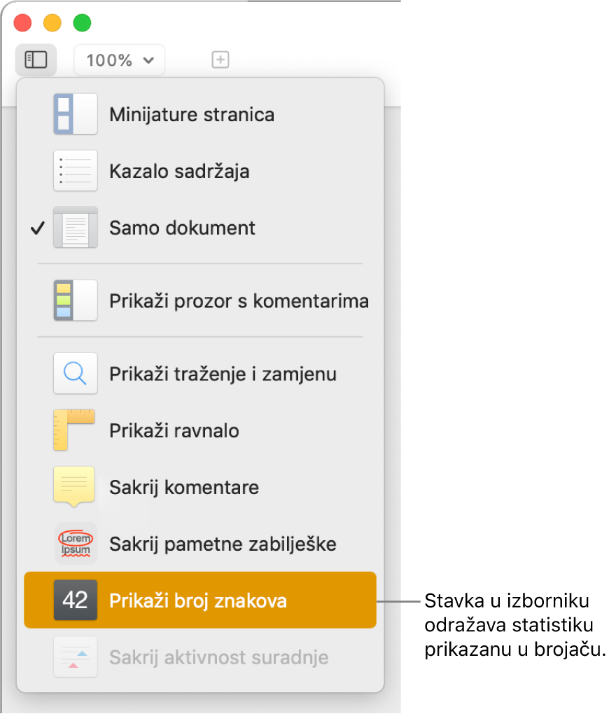 Izbornik Prikaz otvoren s opcijom Prikaži broj znakova pri dnu.