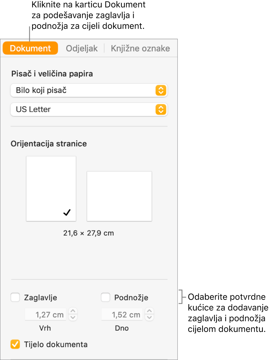 Rubni stupac Dokumenta s odabranom karticom Dokument pri vrhu rubnog stupca. Ispod potvrdnih kućica Zaglavlje i Podnožje nalaze se strelice za promjenu udaljenosti zaglavlja i podnožja od vrha i dna stranice.