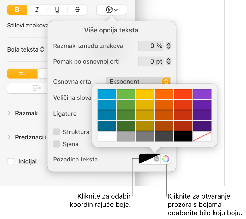 Kontrole za odabir boje pozadine za tekst.