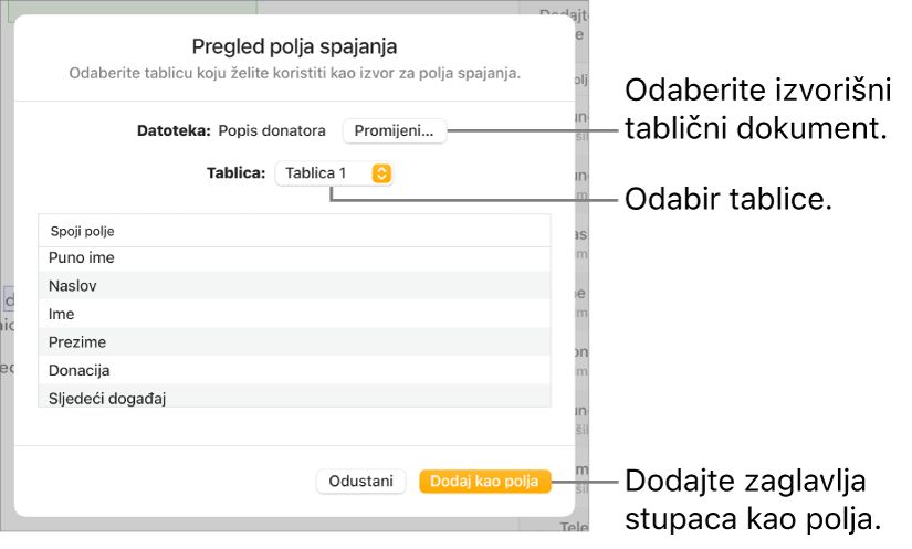 Otvoren je prozor pretpregleda polja spajanja, s opcijama za promjenu izvorišne datoteke ili tablice, pretpregled naziva polja spajanja ili dodavanje zaglavlja stupaca kao polja.