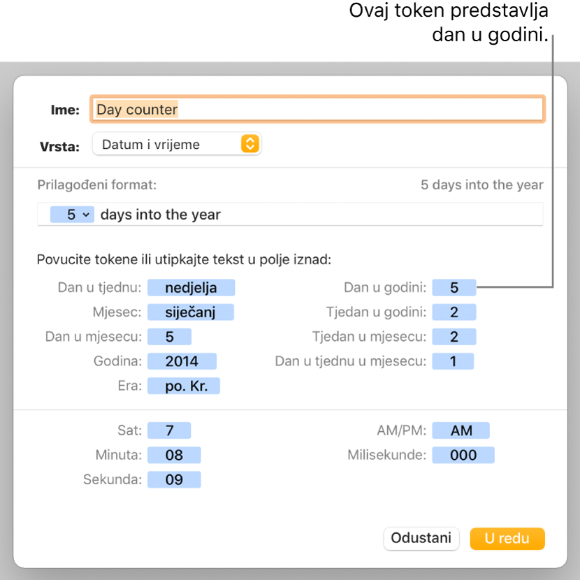 Prozor prilagođenog formata ćelije s kontrolama za odabir prilagođenog formatiranja datuma i vremena.