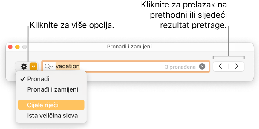 Prozor Pronađi i zamijeni sa skočnim izbornikom koji prikazuje opcije za Pronađi, Pronađi i zamijeni, Cijele riječi i Uskladi veličinu slova. Strelice na desnoj strani omogućuju vam da preskočite na prethodne ili sljedeće rezultate pretraživanja.