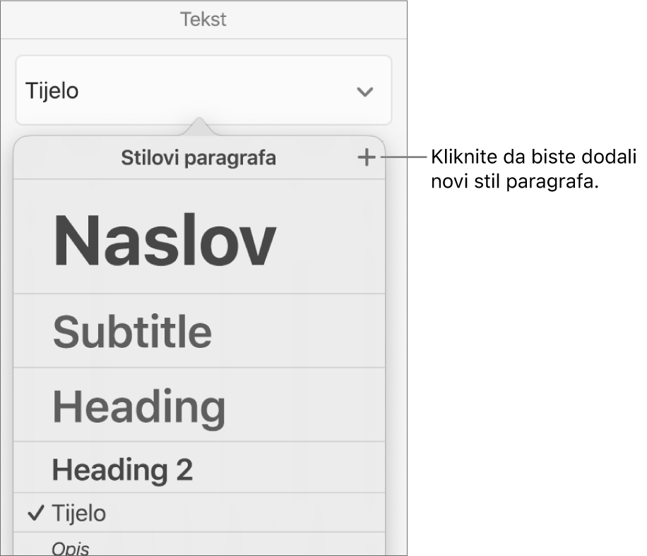 Izbornik stilova paragrafa s oblačićem za tipku Novi stil.