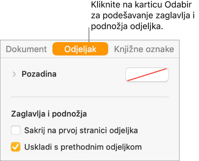 Rubni stupac Dokumenta s odabranom karticom Odjeljak pri vrhu rubnog stupca. Odjeljak Zaglavlja i podnožja rubnog stupca ima potvrdne kućice pokraj “Sakrij na prvoj stranici odjeljka“ i “Usklađivanje s prethodnim odjeljkom“.