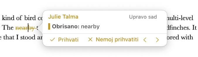Izbrisani tekst s otvorenim komentarom i strelicama Prihvati, Odbaci te navigacijskim strelicama. Praćene promjene prikazuju ime autora i datum.