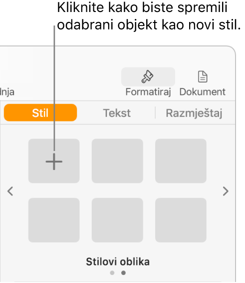 Kartica Stil rubnog stupca Formatiraj, s tipkom Izradi stil u gornjem lijevom kutu i pet praznih držača mjesta za stil.