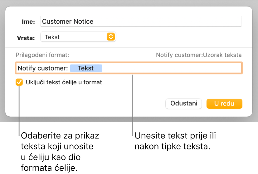 Prozor prilagođenog formata ćelije s kontrolama za odabir prilagođenog formatiranja teksta.