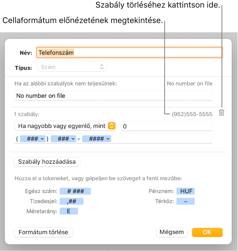 Az Egyéni cellaformátum-ablak az egyéni számformázások kiválasztására szolgáló vezérlőkkel.