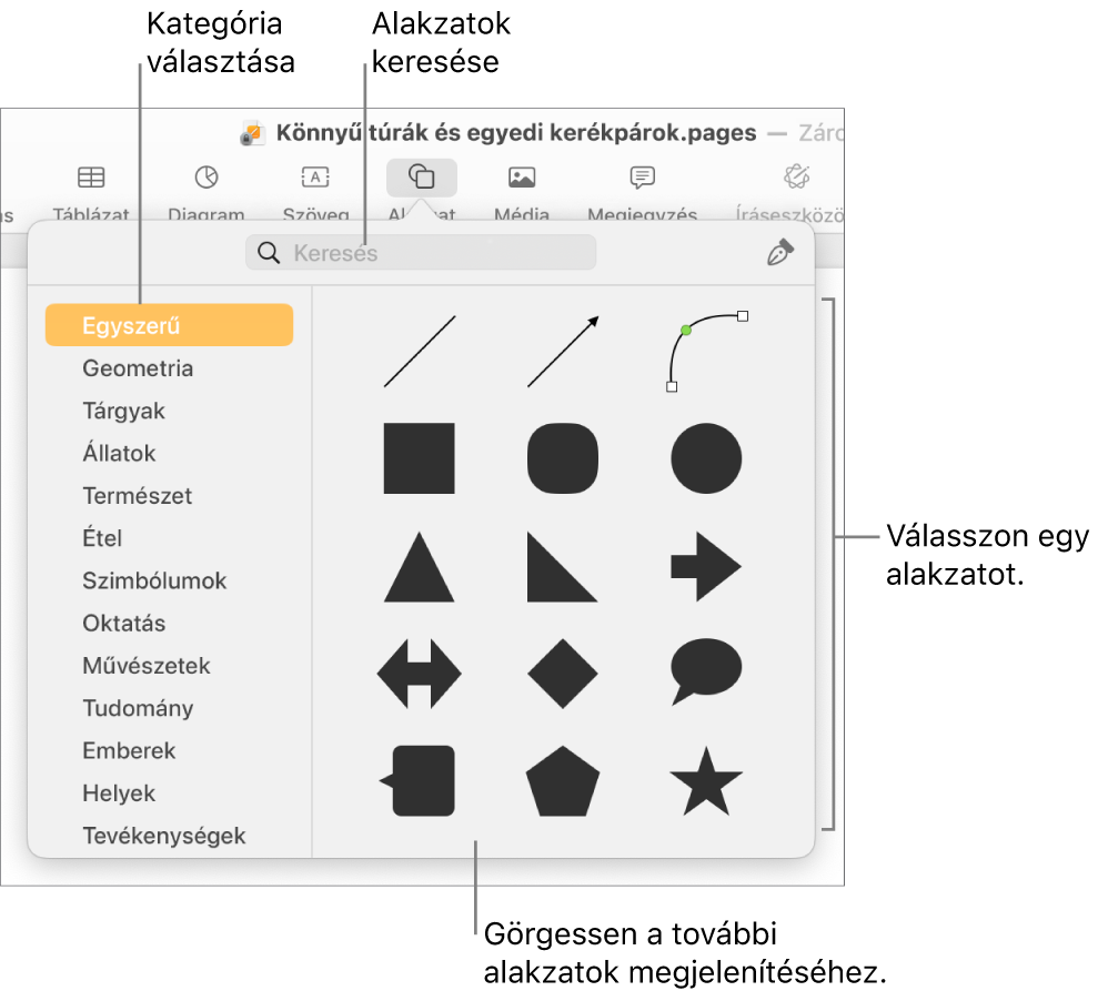 Az alakzatok könyvtára, amelynek bal oldalán a kategóriák láthatók, jobb oldalán pedig az alakzatok. A képernyő tetején lévő keresés mezőben alakzatokat kereshet, görgetéssel pedig további alakzatokat tekinthet meg.