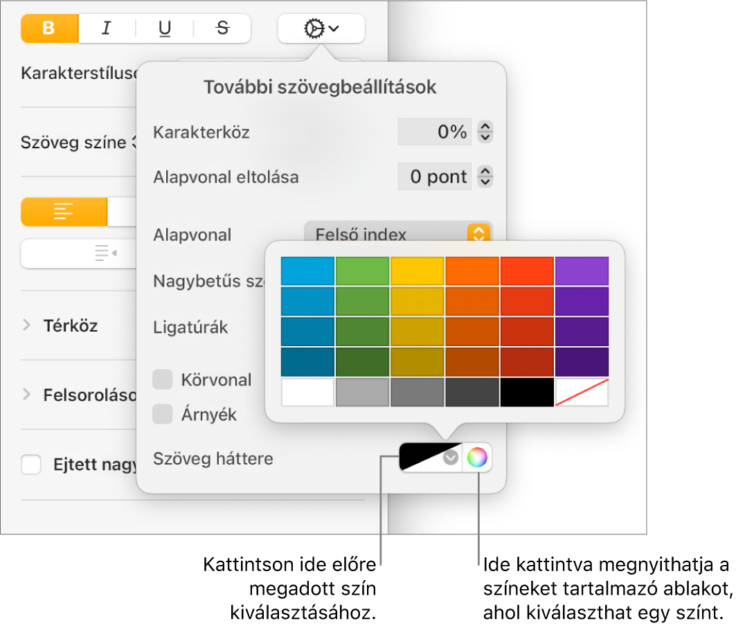 Vezérlők a szöveg háttérszínének kiválasztásához.