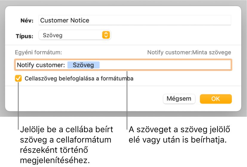 Az Egyéni cellaformátum-ablak az egyéni szövegformázások kiválasztására szolgáló vezérlőkkel.