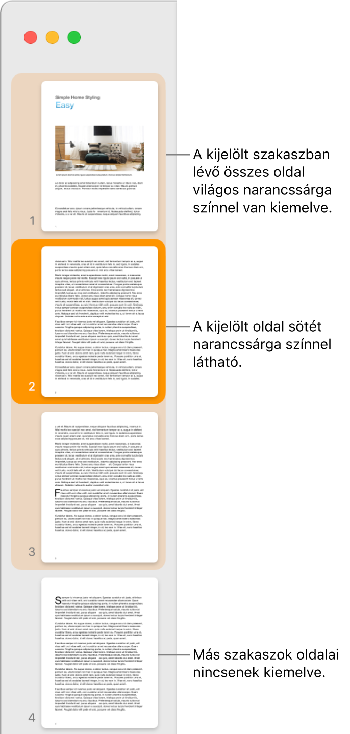 Az Oldalbélyegképek nézete oldalsáv, a kiválasztott oldal sötét narancssárgával kiemelve, és a kiválasztott szakasz összes oldala világos narancssárgával kiemelve.