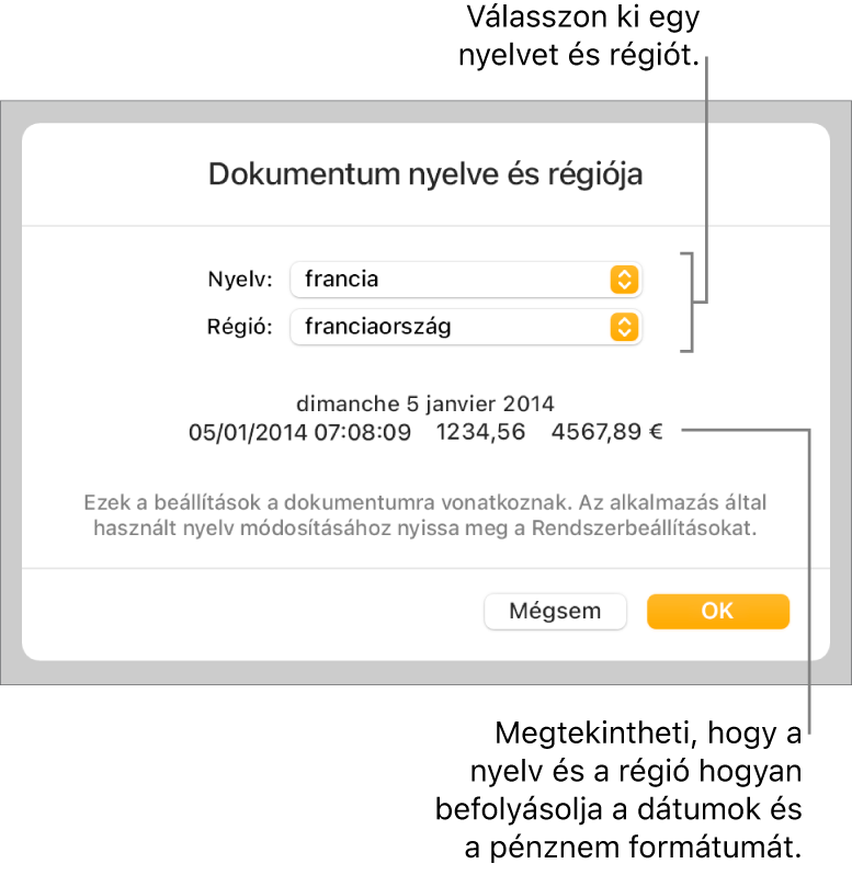 A Nyelv és régió panel a nyelv és a régió vezérlőivel, valamint egy formátumot bemutató példával, amely tartalmazza a dátum, az idő, a tizedesek és a pénznem formátumát.