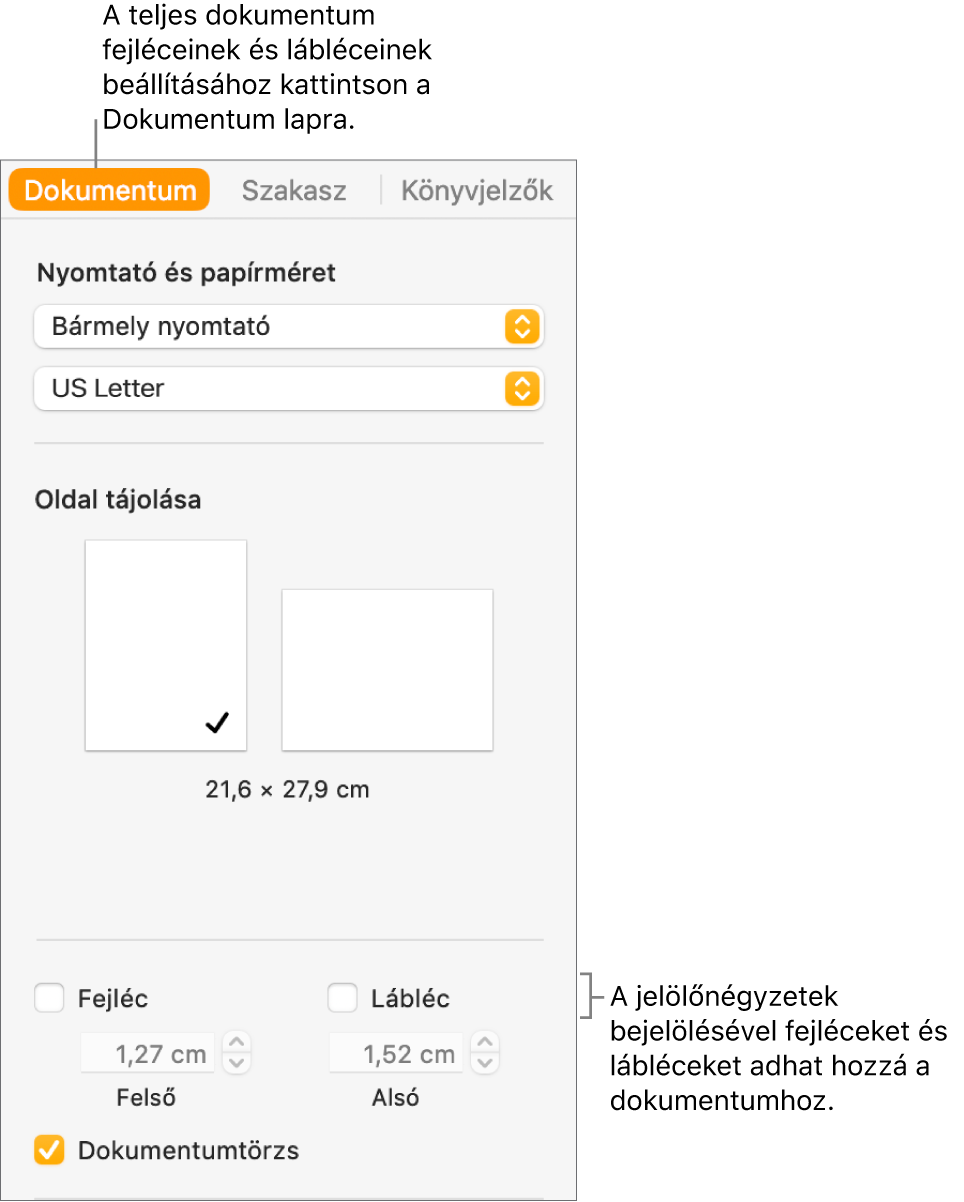 A Dokumentum oldalsáv az oldalsáv tetején kijelölt Dokumentum lappal. A Fejléc és Lábléc jelölőnégyzetek alatt a fejlécek és láblécek oldalak tetejétől és aljától való távolságát meghatározó nyilak láthatók.