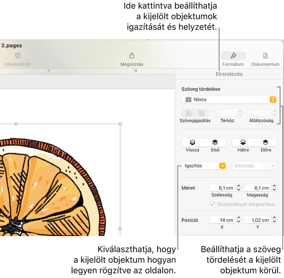 A Formázás menü az Elrendezés oldalsávval. Az Objektum elhelyezése beállítások az Elrendezés oldalsáv tetején helyezkedik el, amelyek alatt a Szöveg tördelése beállítások láthatók.