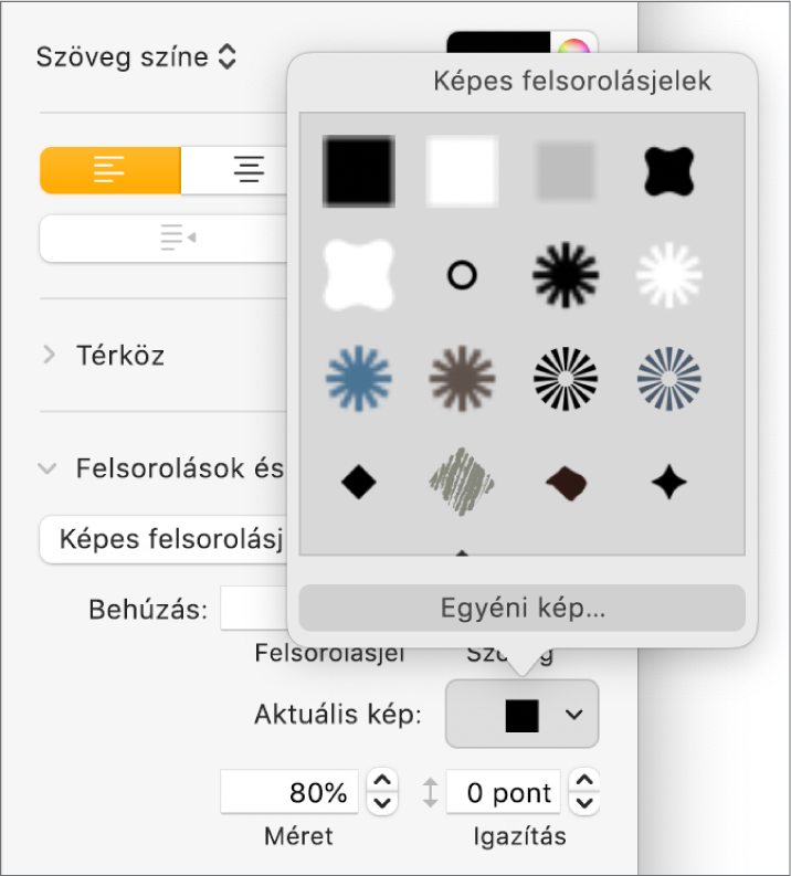 A Képes felsorolási jelek előugró menü.