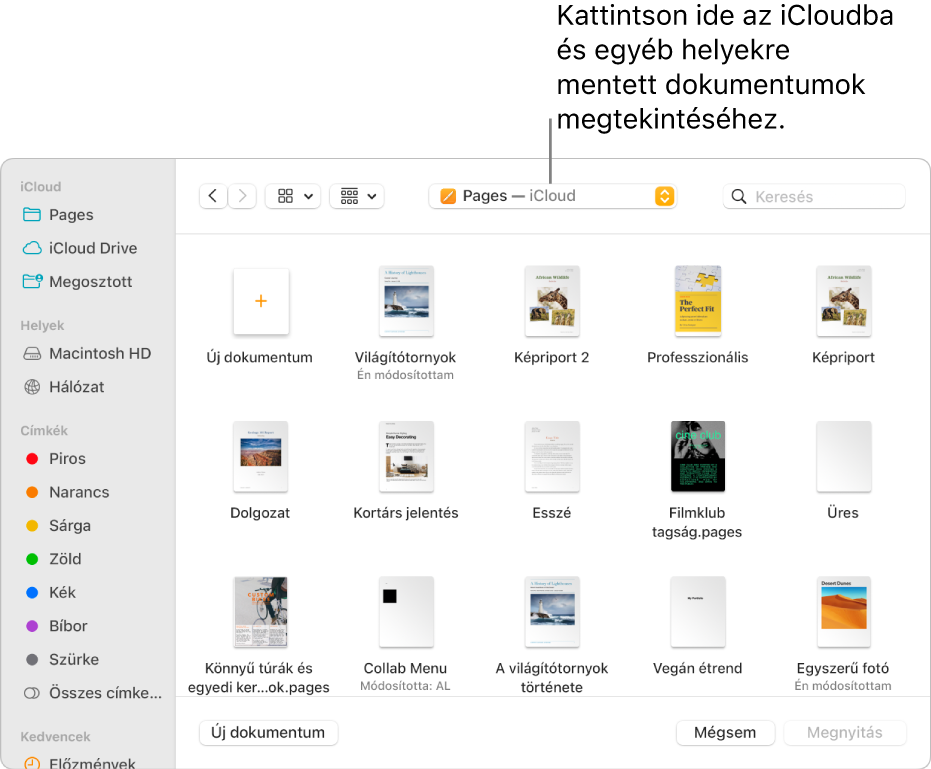A Megnyitás párbeszédpanel megnyitott oldalsávval a bal oldalon és a felugró menüben kijelölt iCloud Drive-val a felső részen. A Keynote, a Numbers és a Pages mappái megjelennek a párbeszédpanelen az Új dokumentum gombbal együtt.