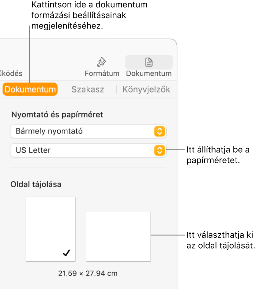 A Dokumentum oldalsáv az oldalsáv tetején kijelölt Dokumentum lappal. Az oldalsávon a papírméret beállítására szolgáló előugró menü, valamint az oldal álló és fekvő tájolásának kiválasztására szolgáló gombok láthatók.