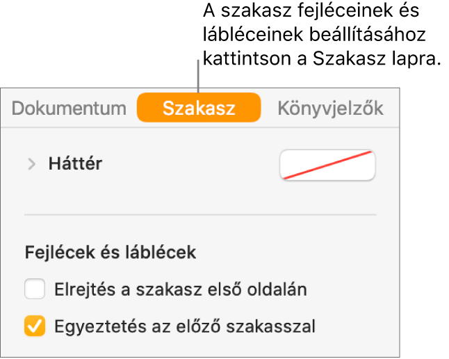 A Dokumentum oldalsáv az oldalsáv tetején kijelölt Szakasz lappal. Az oldalsáv Fejlécek és láblécek szakaszának jelölőnégyzetei az alábbi beállításokhoz: „Elrejtés a szakasz első oldalán” és „Egyeztetés az előző szakasszal”.