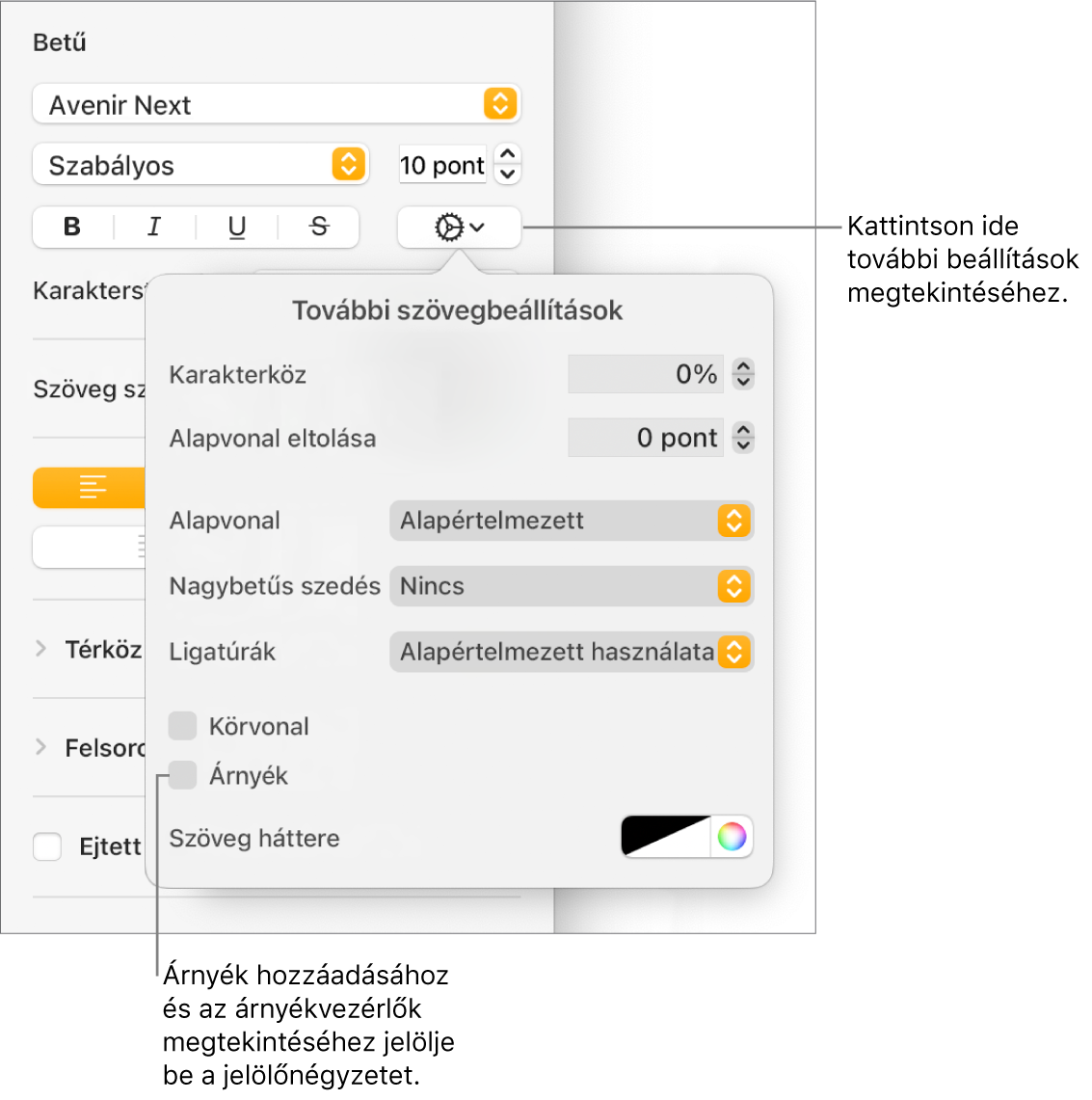 A Haladó beállítások menü megnyitott állapotban a bejelölt Árnyékok jelölőnégyzettel, valamint az elmosódás, az eltolás, az átlátszatlanság, a szög és a szín beállítására szolgáló vezérlőkkel.