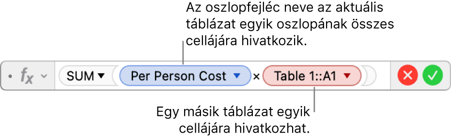 A képletszerkesztő, egy táblázat oszlopára és egy másik táblázat cellájára hivatkozó képlettel.