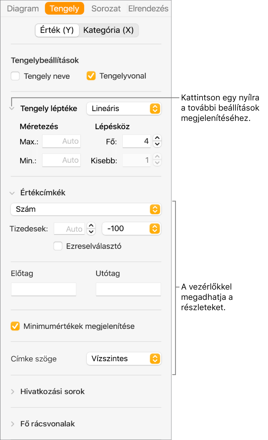 Vezérlők a diagramtengelyek jelölésének formázására.