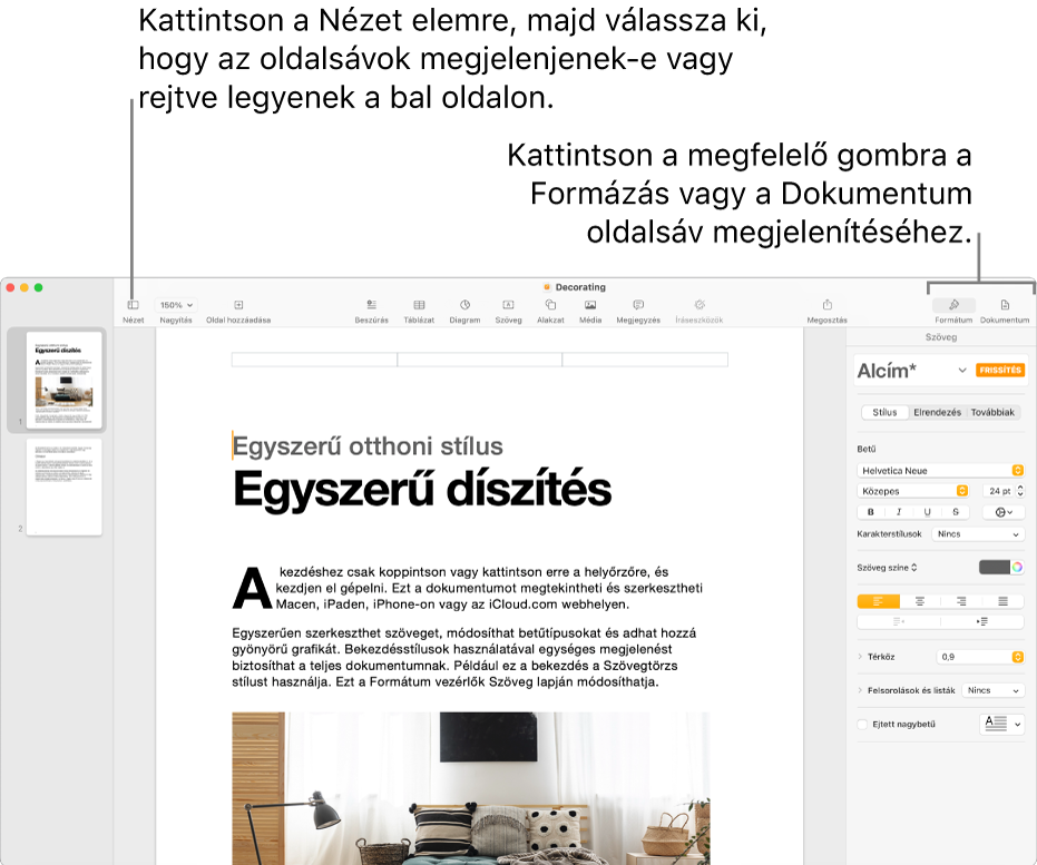 A Pages-ablak az eszközsoron található Nézet menü gombját, illetve a Formátum és Dokumentum gombokat ismertető ábrafeliratokkal. Az oldalsávok meg vannak nyitva a bal és a jobb oldalon.