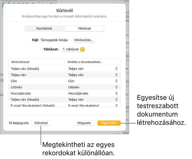 A megnyitott Körlevél panel a forrásfájl vagy -táblázat módosítására, a körlevélmezőnevek vagy egyedülálló bejegyzések előnézetére és a dokumentum egyesítésére szolgáló lehetőségekkel.