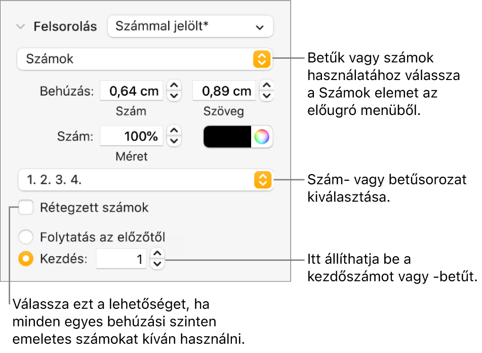 Lista számstílusának és térközének módosítására szolgáló vezérlők.