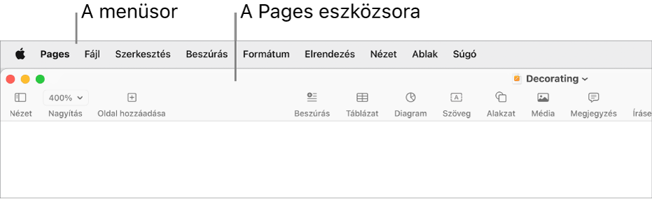 A menüsor a képernyő tetején az Apple, Pages, Fájl, Szerkesztés, Beszúrás, Formátum, Elrendezés, Nézet, Megosztás és Súgó menükkel. A menüsor alatt egy megnyitott Pages-dokumentum látható az eszközsor következő gombjaival: Nézet, Nagyítás, Oldal hozzáadása, Beszúrás, Táblázat, Diagram, Szöveg, Alakzat, Média és Megjegyzés.