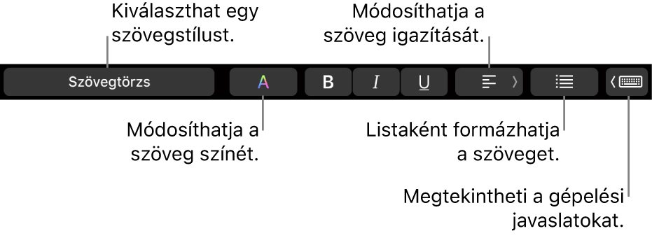 A MacBook Pro Touch Barja a szövegstílus kiválasztására, szöveg színének módosítására, a szöveg igazításának módosítására, szöveg listaként történő formázására és a gépelési javaslatok megjelenítésére szolgáló vezérlőkkel.