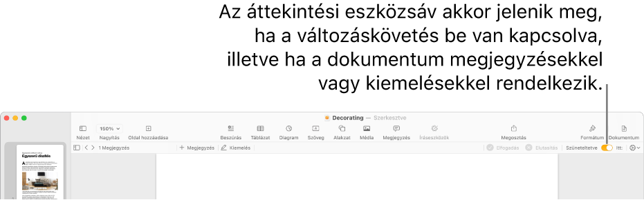 A Pages eszközsora, amelyen a változáskövetési funkció be van kapcsolva, alatta pedig az áttekintési eszközsor.