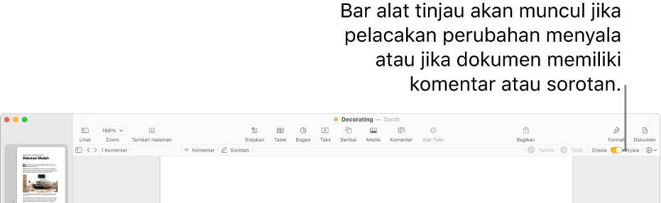 Bar alat Pages dengan pelacakan perubahan dinyalakan dan bar alat tinjauan di bawah bar alat Pages.