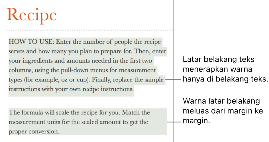 Satu paragraf dengan warna hanya di belakang teks dan paragraf kedua dengan warna di belakangnya yang diperpanjang dari margin ke margin dalam blok.