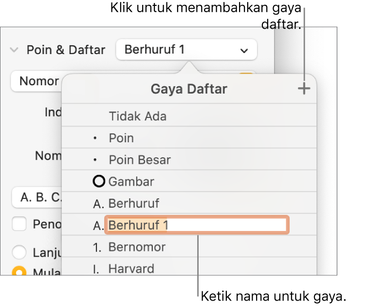 Menu pop-up Gaya Daftar dengan tombol Tambah di pojok kanan atas dan nama gaya placeholder dengan teksnya dipilih.