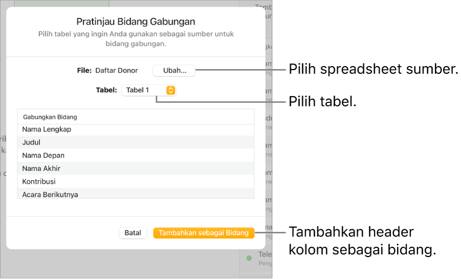 Panel Pratinjau Bidang Gabungan dibuka, dengan pilihan untuk mengubah file atau tabel sumber, mempratinjau nama bidang gabungan, atau menambahkan header kolom sebagai bidang.