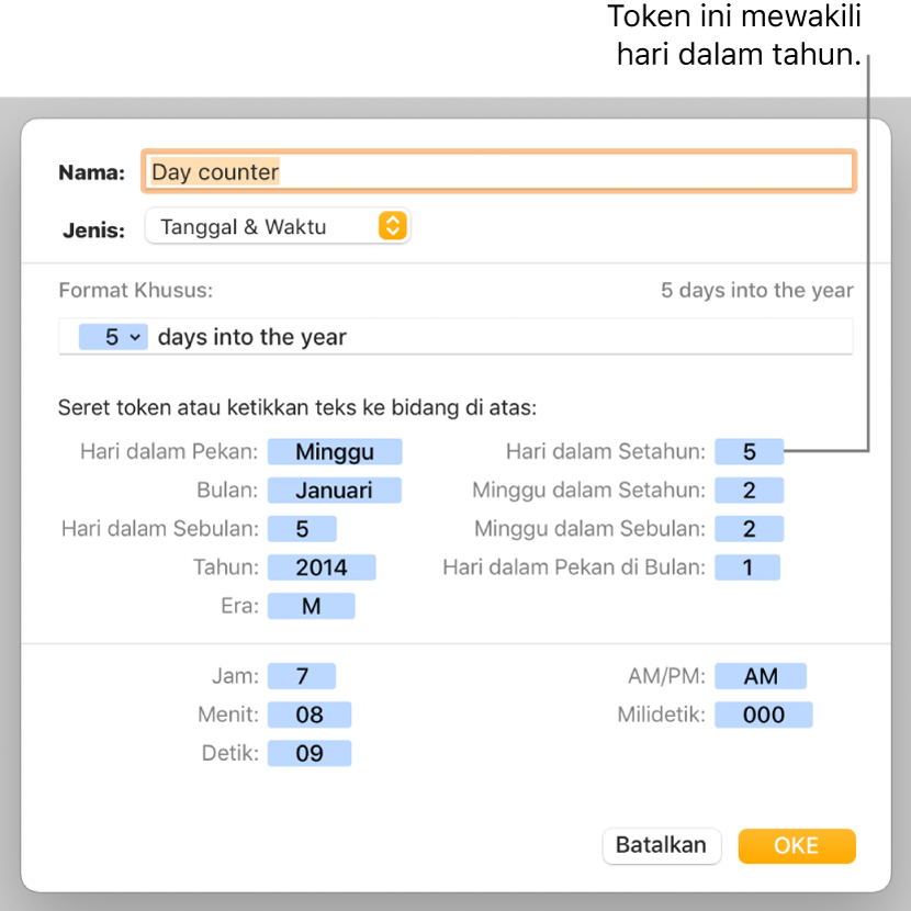 Jendela format sel khusus dengan kontrol untuk memilih pemformatan tanggal dan waktu khusus.