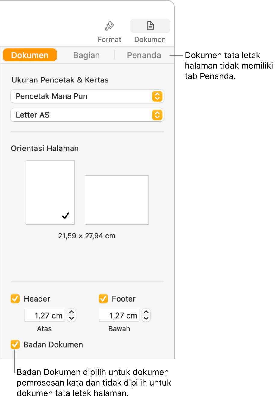 Bar samping Format dengan tab Dokumen, Bagian, dan Penanda di bagian atas. Tab Dokumen dipilih dan keterangan ke tab Penanda dengan tulisan bahwa dokumen tata letak halaman tidak memiliki tab Penanda. Kotak centang Badan Dokumen dipilih, yang juga menandakan bahwa ini adalah dokumen pemrosesan kata.