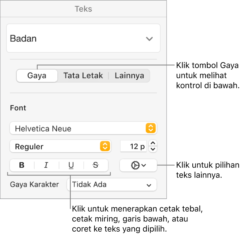 Kontrol Gaya di bar samping Format dengan keterangan pada tombol Tebal, Miring, Garis Bawah, dan Coret.