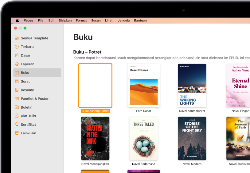 Pemilih template dengan Buku dipilih di daftar kategori di sebelah kiri, dan template buku dalam orientasi potret di sebelah kanan.