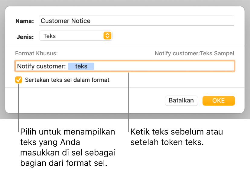 Jendela format sel khusus dengan kontrol untuk memilih pemformatan teks khusus.