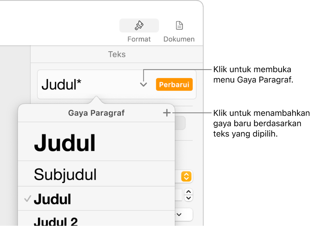 Menu Gaya Paragraf, menampilkan kontrol untuk menambahkan atau mengubah gaya.