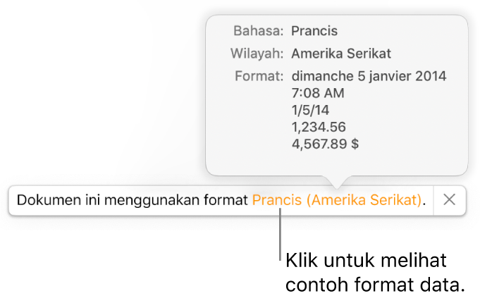 Pemberitahuan pengaturan bahasa dan wilayah yang berbeda, menunjukkan contoh format dalam bahasa dan wilayah tersebut.