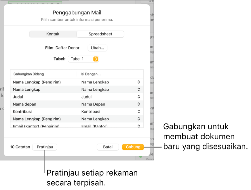 Panel Penggabungan Mail dibuka, dengan pilihan untuk mengubah file atau tabel sumber, mempratinjau nama bidang gabungan atau catatan terpisah, atau menggabungkan dokumen.