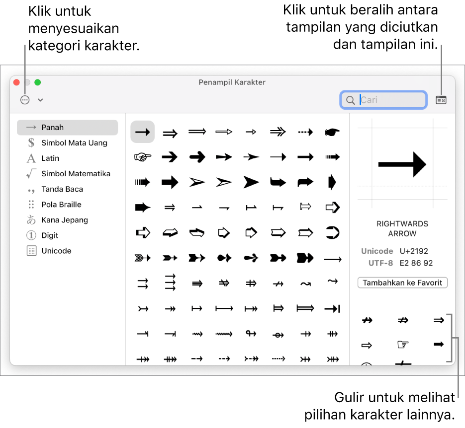 Penampil Karakter yang diperluas menampilkan karakter dan simbol khusus, menu untuk kategori simbol yang berbeda di sebelah kiri, dan tombol di pojok kanan atas yang memungkinkan Anda kembali ke tampilan yang diciutkan.